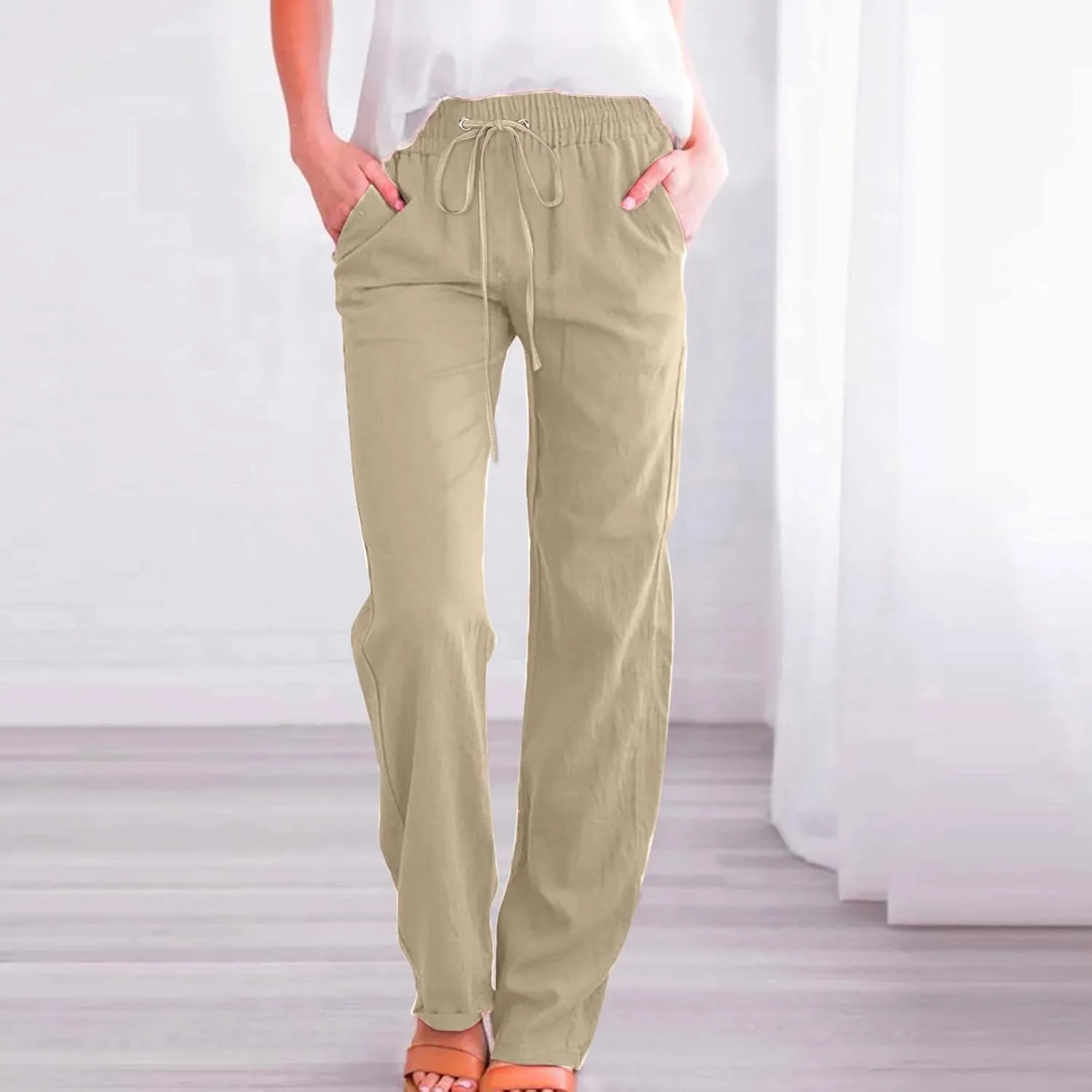 Linen Pants Women Petite Women Loose High Waist Drawstring Flowy Wide Leg Beach Pants Casual Trousers with Pockets