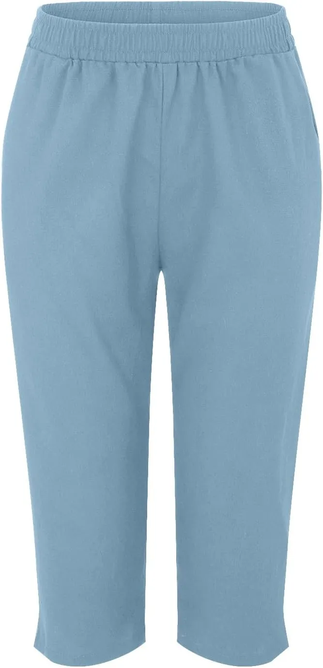 Linen Pants Women,Summer Capri Casual Drawstring Elastic Waist,Straight Wide Leg Pants Cotton Trousers with Pocket