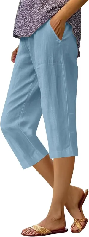 Linen Pants Women,Summer Capri Casual Drawstring Elastic Waist,Straight Wide Leg Pants Cotton Trousers with Pocket