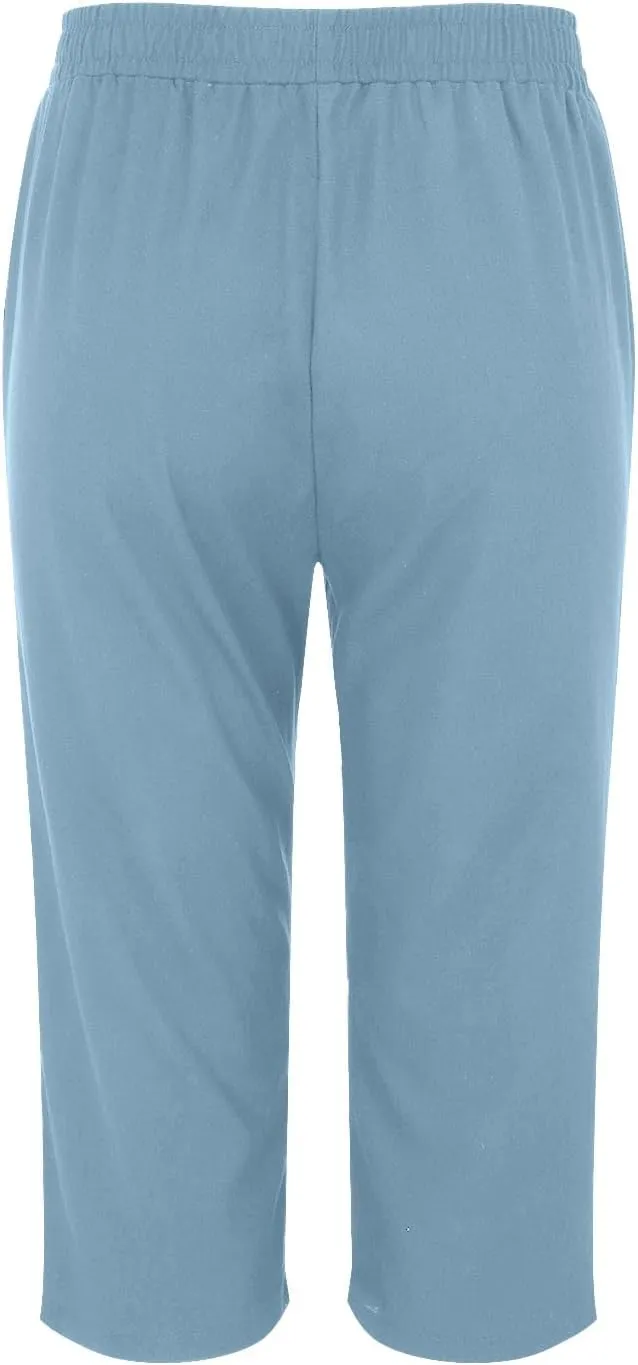 Linen Pants Women,Summer Capri Casual Drawstring Elastic Waist,Straight Wide Leg Pants Cotton Trousers with Pocket
