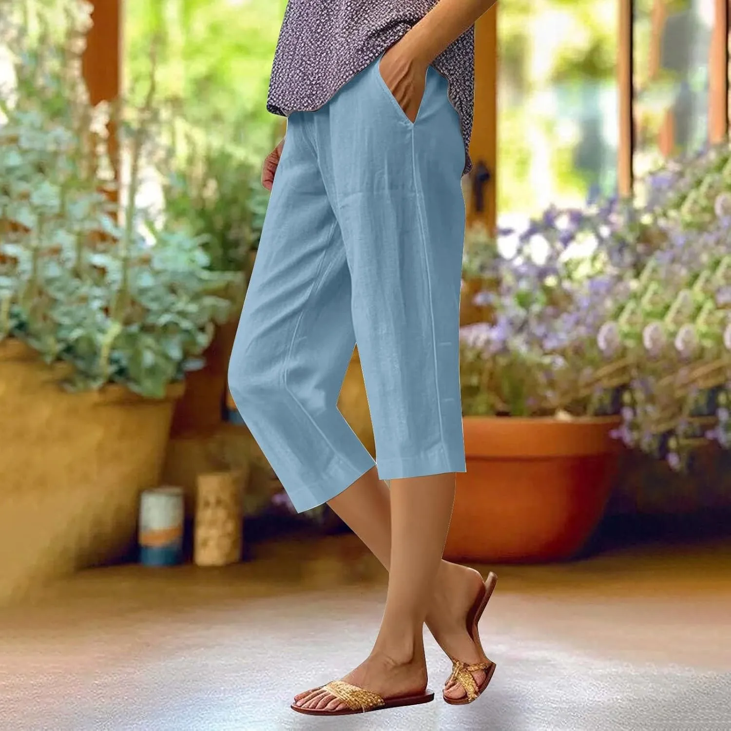 Linen Pants Women,Summer Capri Casual Drawstring Elastic Waist,Straight Wide Leg Pants Cotton Trousers with Pocket