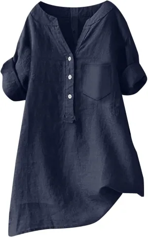 Linen Shirts for Women Summer Linen Button Long Sleeve T-Shirts Casual Loose Fit Fashion V Neck Blouses