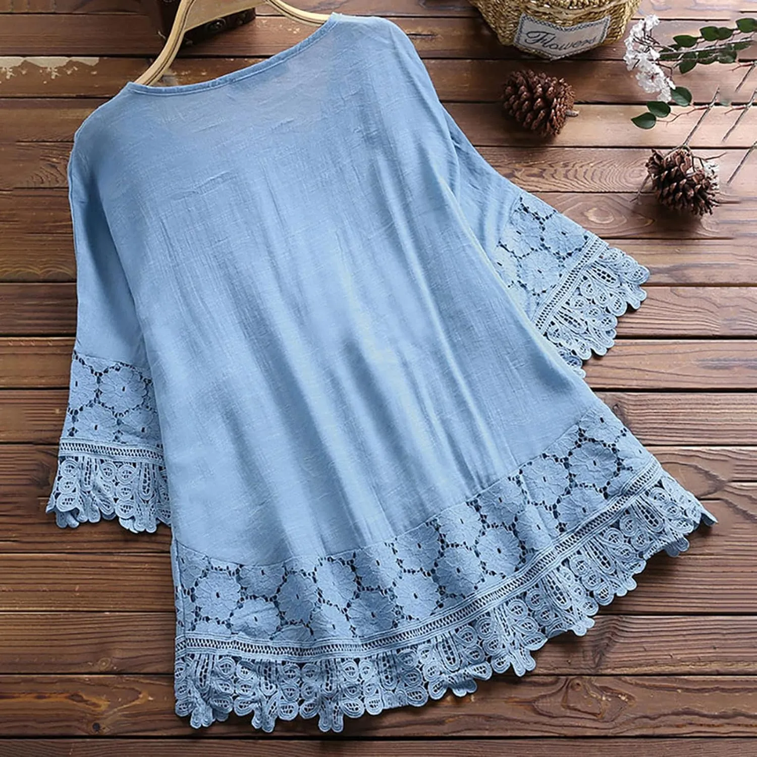 Linen Shirts for Women Summer Trendy Boho Tops Lace Up Embroidered Peasant Blouses 3/4 Sleeve Casual Dressy Shirt