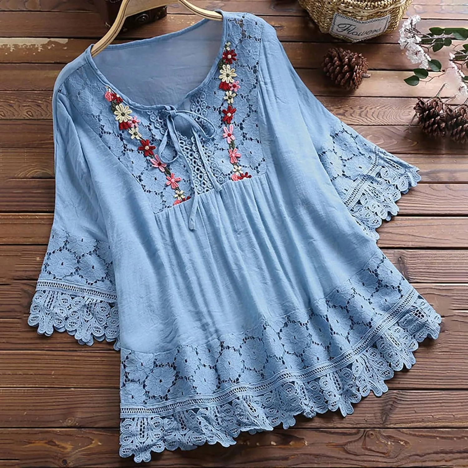 Linen Shirts for Women Summer Trendy Boho Tops Lace Up Embroidered Peasant Blouses 3/4 Sleeve Casual Dressy Shirt