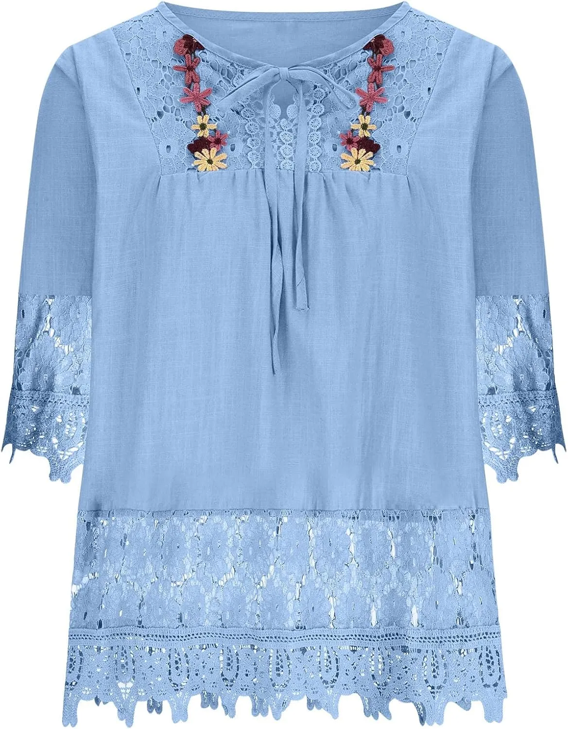 Linen Shirts for Women Summer Trendy Boho Tops Lace Up Embroidered Peasant Blouses 3/4 Sleeve Casual Dressy Shirt