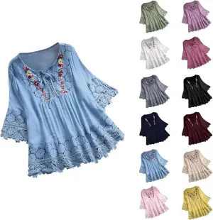 Linen Shirts for Women Summer Trendy Boho Tops Lace Up Embroidered Peasant Blouses 3/4 Sleeve Casual Dressy Shirt