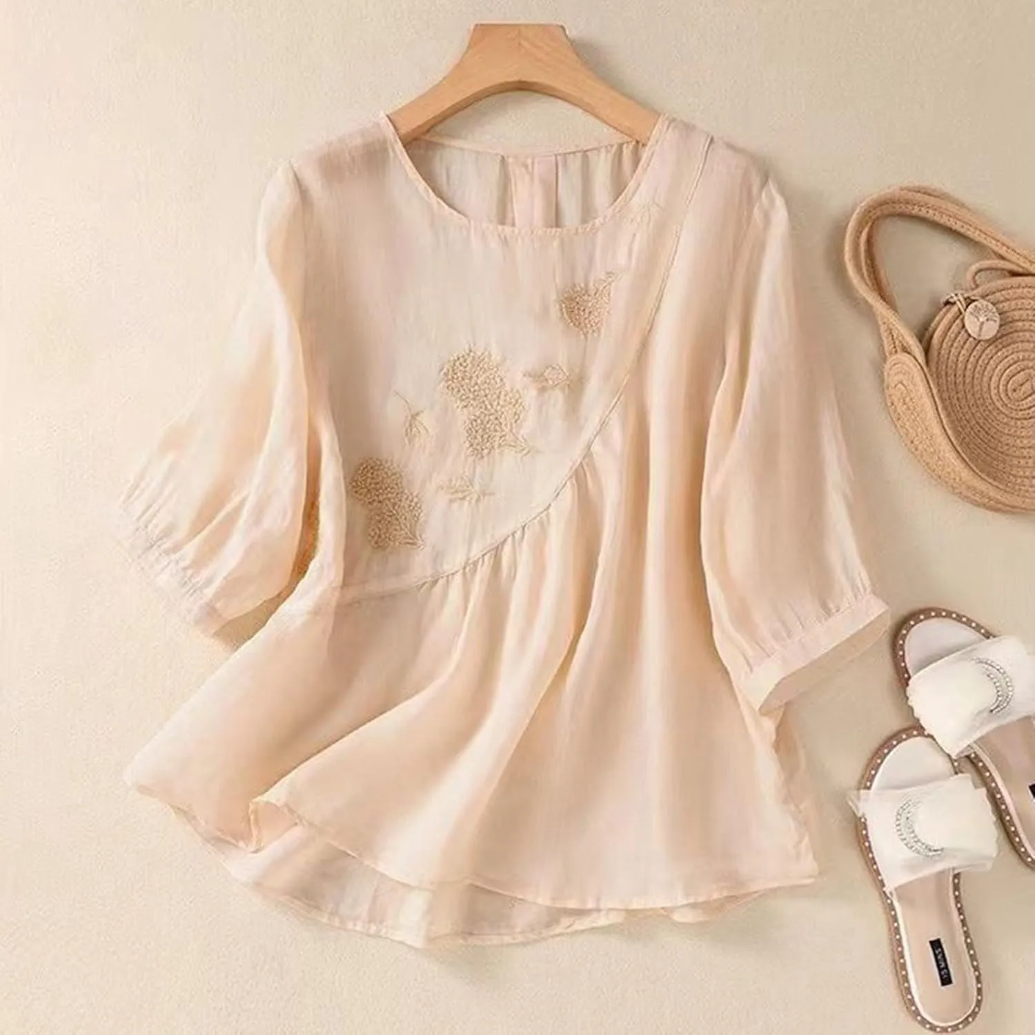 Linen Shirts for Women Vintage Embroidered Blouse Short Sleeve Summer Casual Dressy Loose Crew Neck Boho Tops