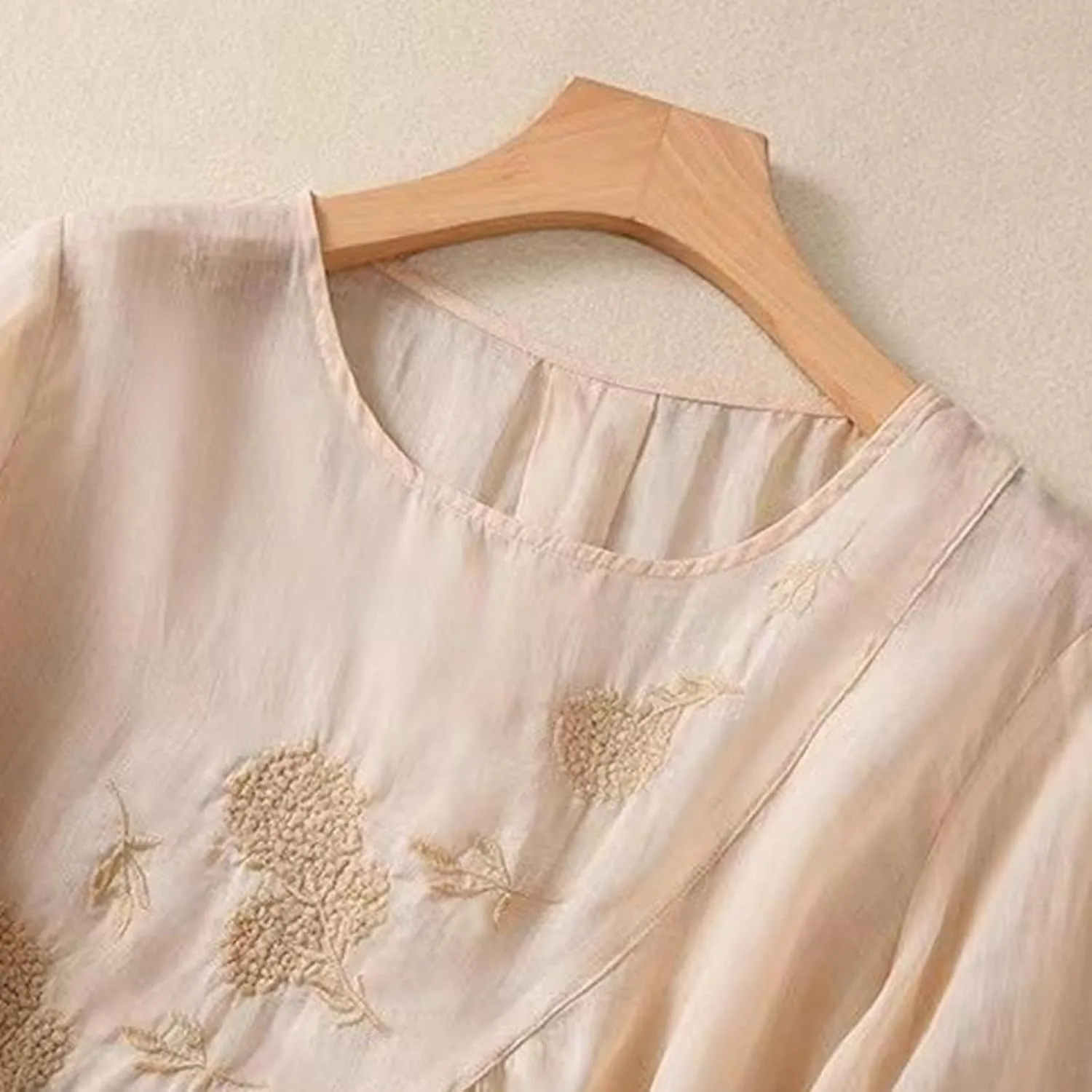 Linen Shirts for Women Vintage Embroidered Blouse Short Sleeve Summer Casual Dressy Loose Crew Neck Boho Tops