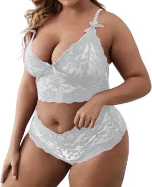 Lingerie Sets for Women Sexy Plus Size 2 Piece Sheer Floral Lace Pajamas Lingerie Set Sleepwear Bra and Panty Nightwear