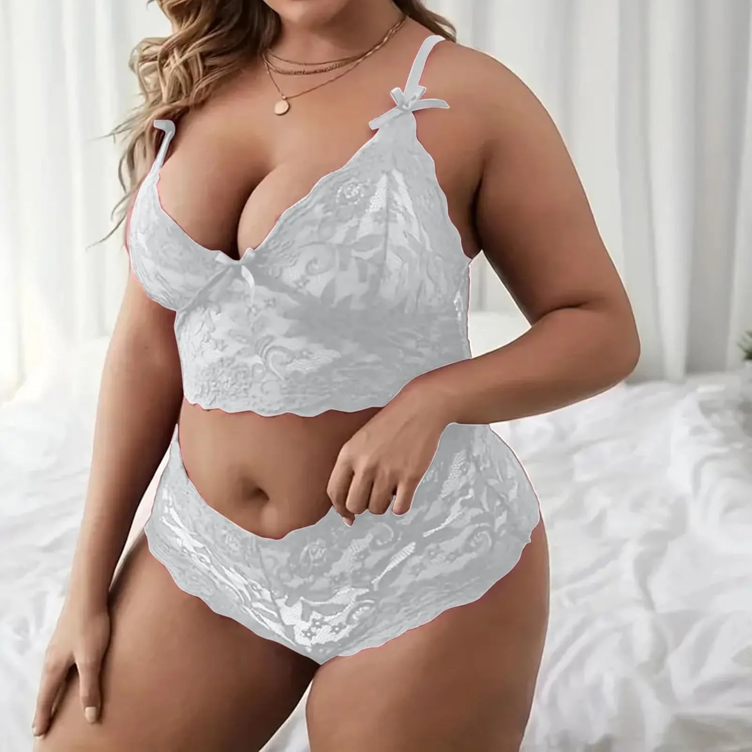 Lingerie Sets for Women Sexy Plus Size 2 Piece Sheer Floral Lace Pajamas Lingerie Set Sleepwear Bra and Panty Nightwear