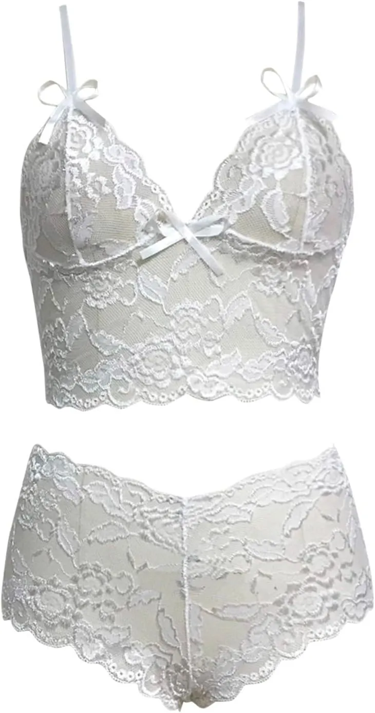 Lingerie Sets for Women Sexy Plus Size 2 Piece Sheer Floral Lace Pajamas Lingerie Set Sleepwear Bra and Panty Nightwear