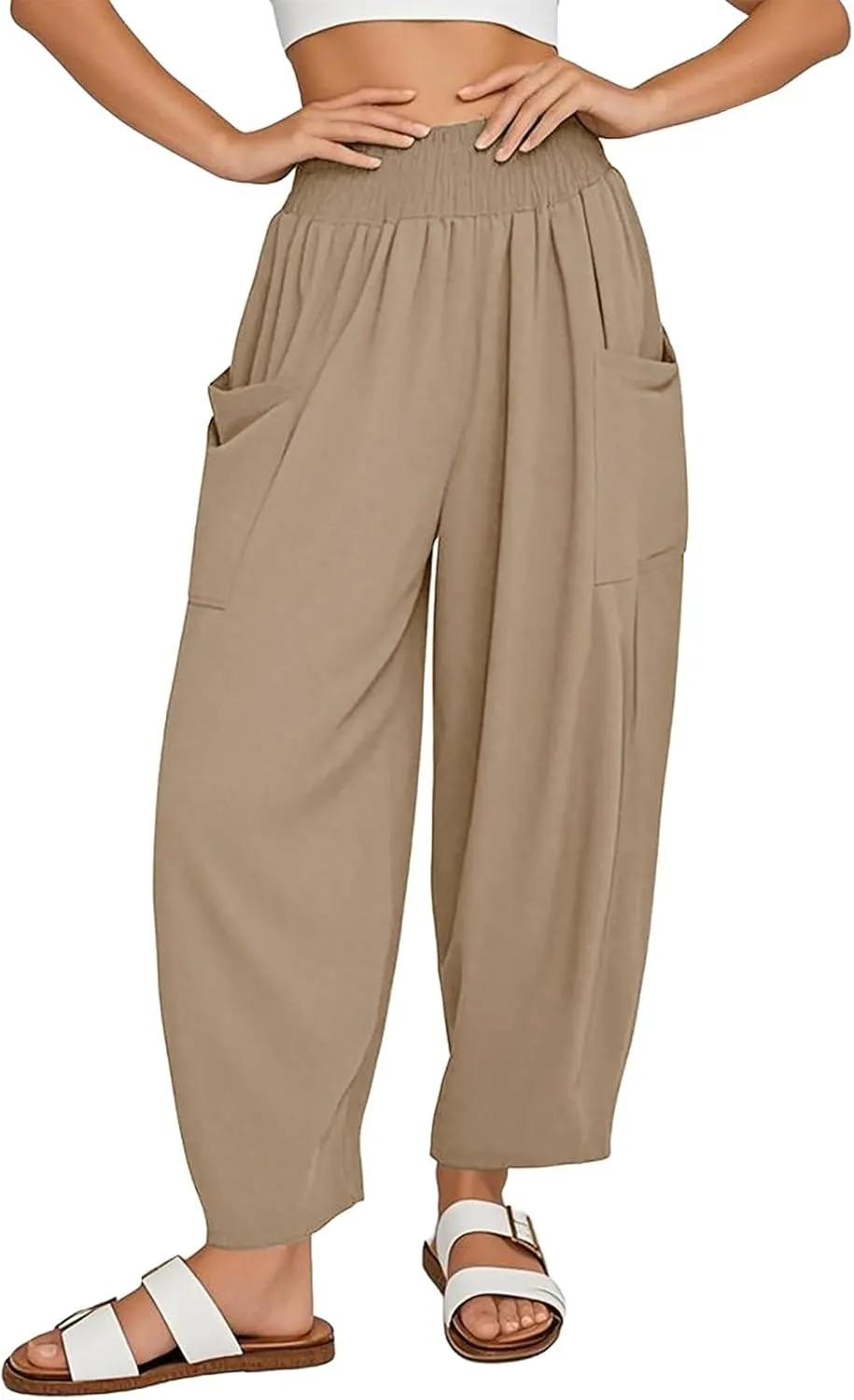 Litetao Linen Pants Women Summer Short Womens Casual Elastic Drawstring Pants Straight Trousers with Pockets Cargo Pants