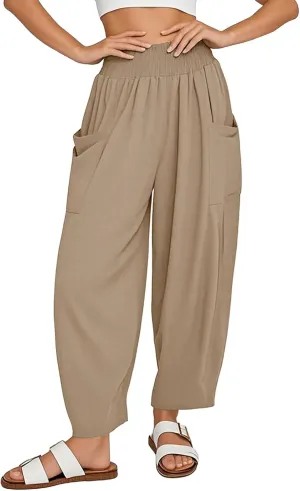 Litetao Linen Pants Women Summer Short Womens Casual Elastic Drawstring Pants Straight Trousers with Pockets Cargo Pants