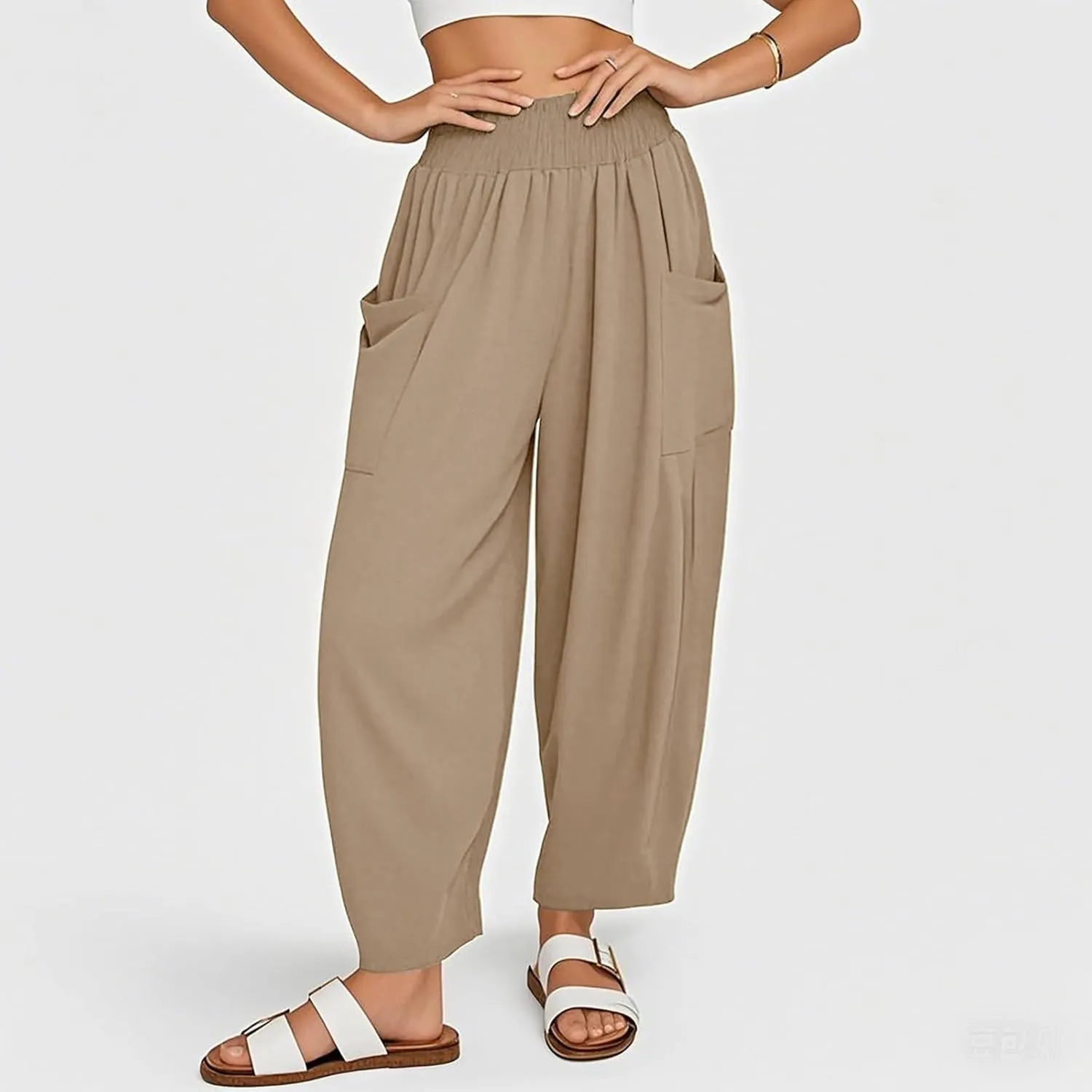 Litetao Linen Pants Women Summer Short Womens Casual Elastic Drawstring Pants Straight Trousers with Pockets Cargo Pants