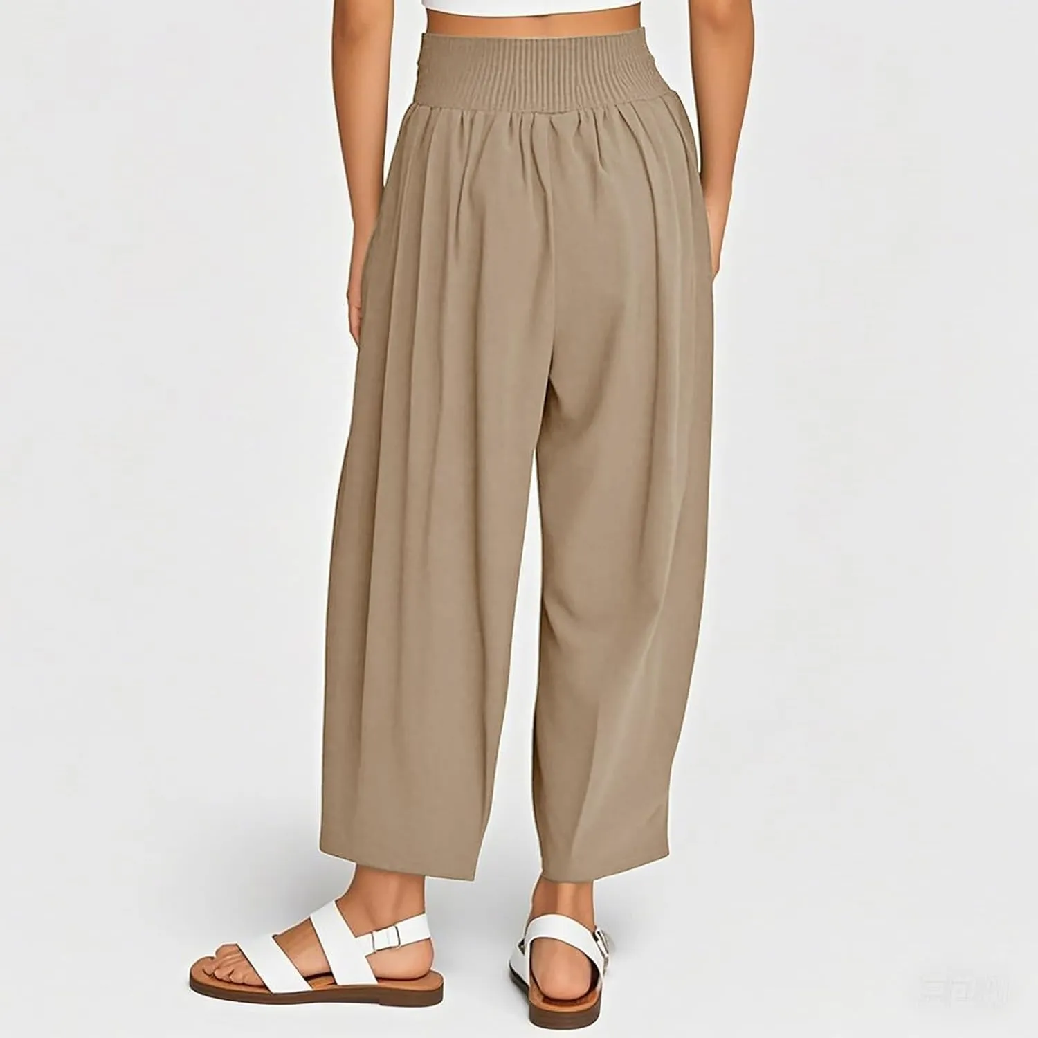 Litetao Linen Pants Women Summer Short Womens Casual Elastic Drawstring Pants Straight Trousers with Pockets Cargo Pants
