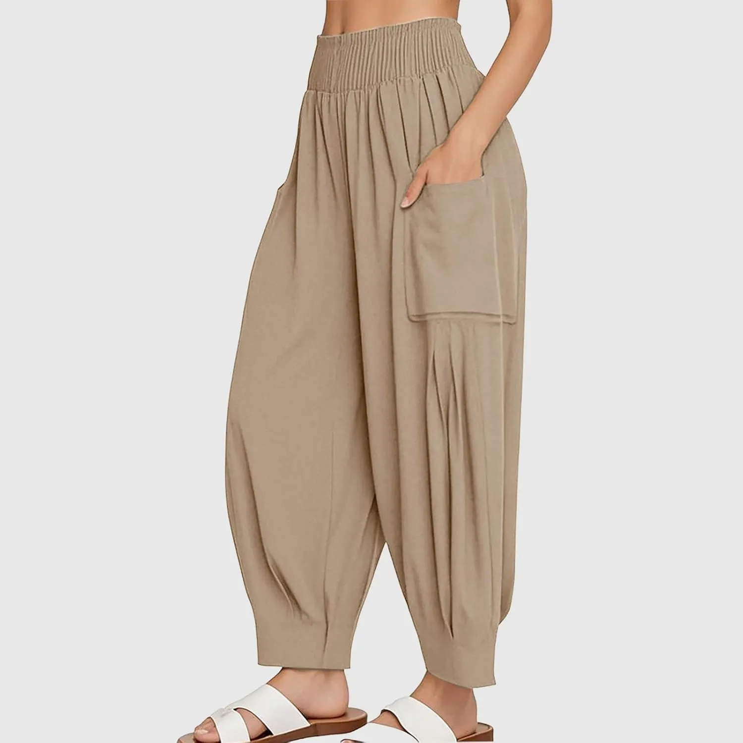Litetao Linen Pants Women Summer Short Womens Casual Elastic Drawstring Pants Straight Trousers with Pockets Cargo Pants