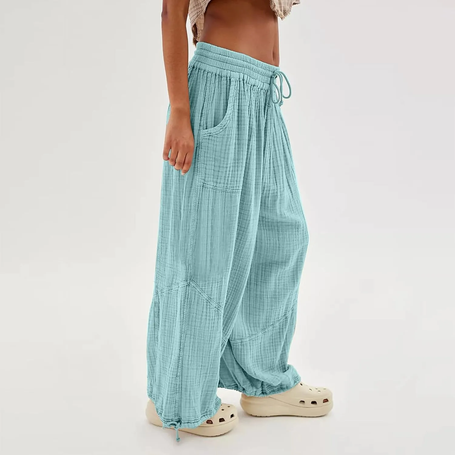Litetao Wide Leg Pants Women Plus Size Comfy Hippie Harem Pants Baggy Linen High Waist Sweatpants Casual Trouser with Pockets
