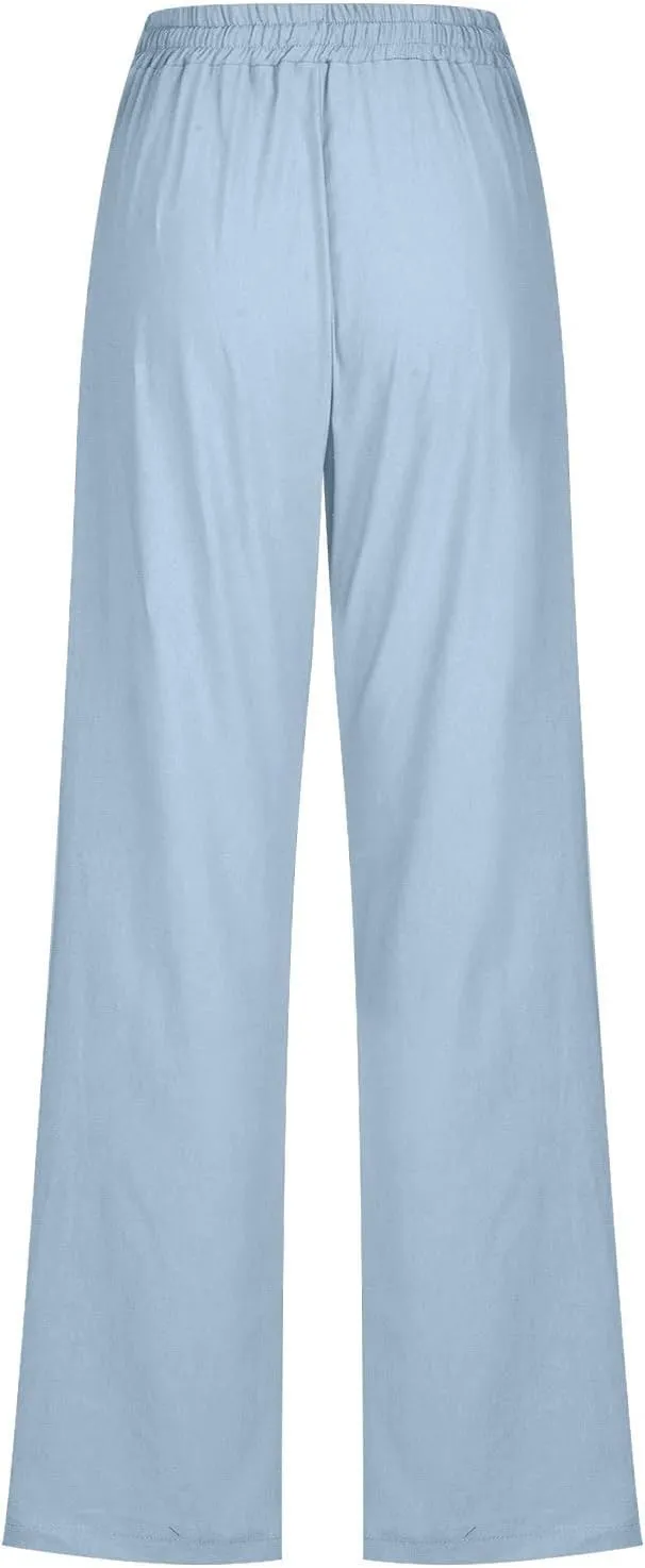Lmdudan Cotton Linen Pants Women Summer Loose Straight Leg Pants Casual Drawstring Elastic Waist Beach Trousers with Pockets