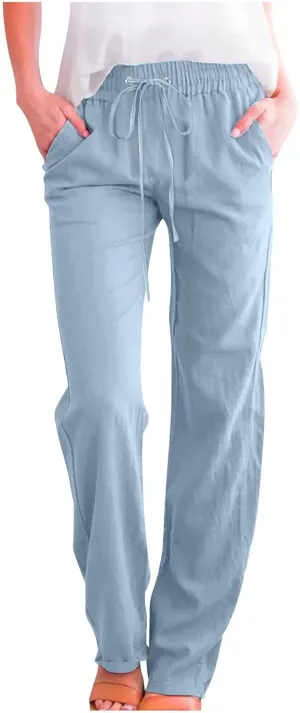 Lmdudan Cotton Linen Pants Women Summer Loose Straight Leg Pants Casual Drawstring Elastic Waist Beach Trousers with Pockets