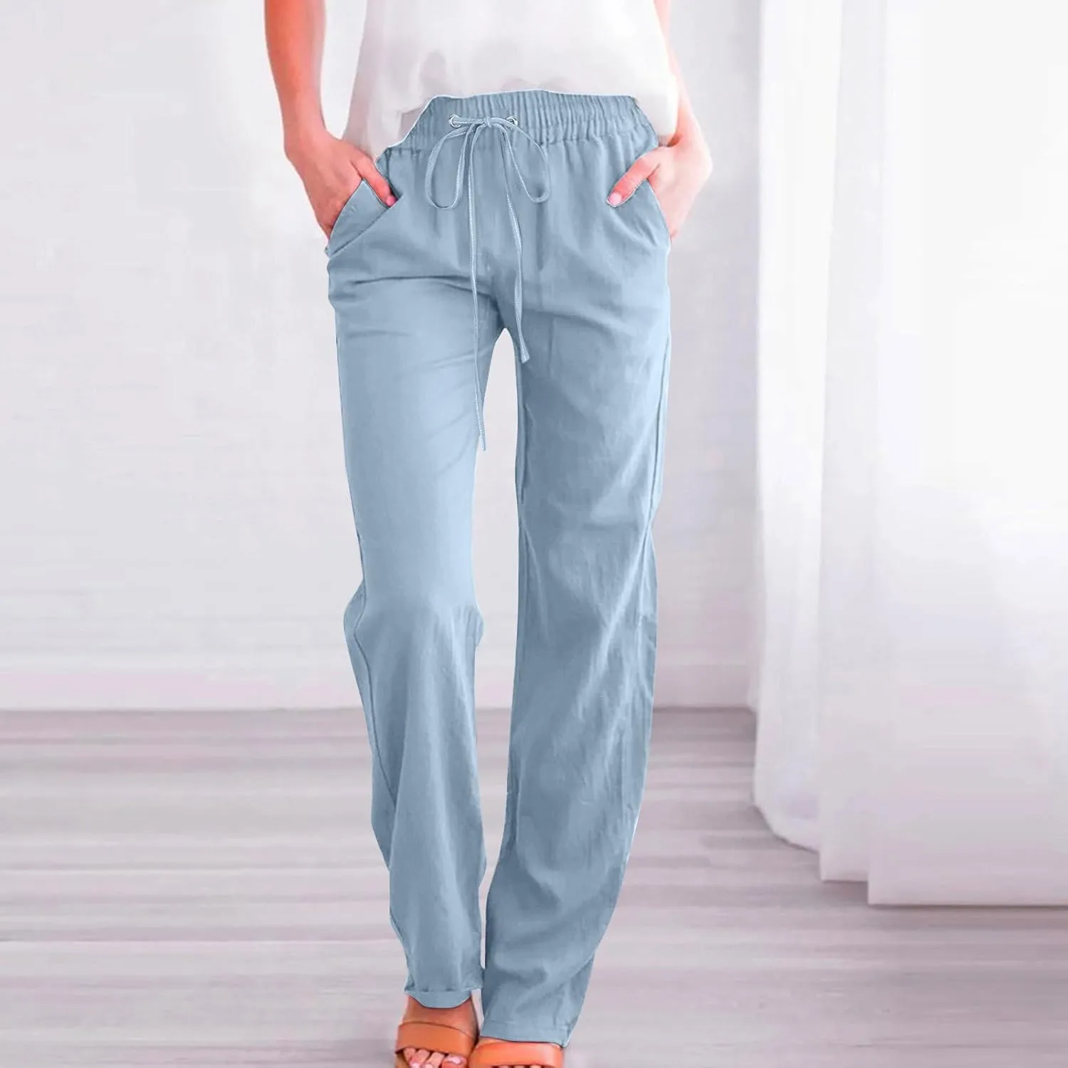 Lmdudan Cotton Linen Pants Women Summer Loose Straight Leg Pants Casual Drawstring Elastic Waist Beach Trousers with Pockets