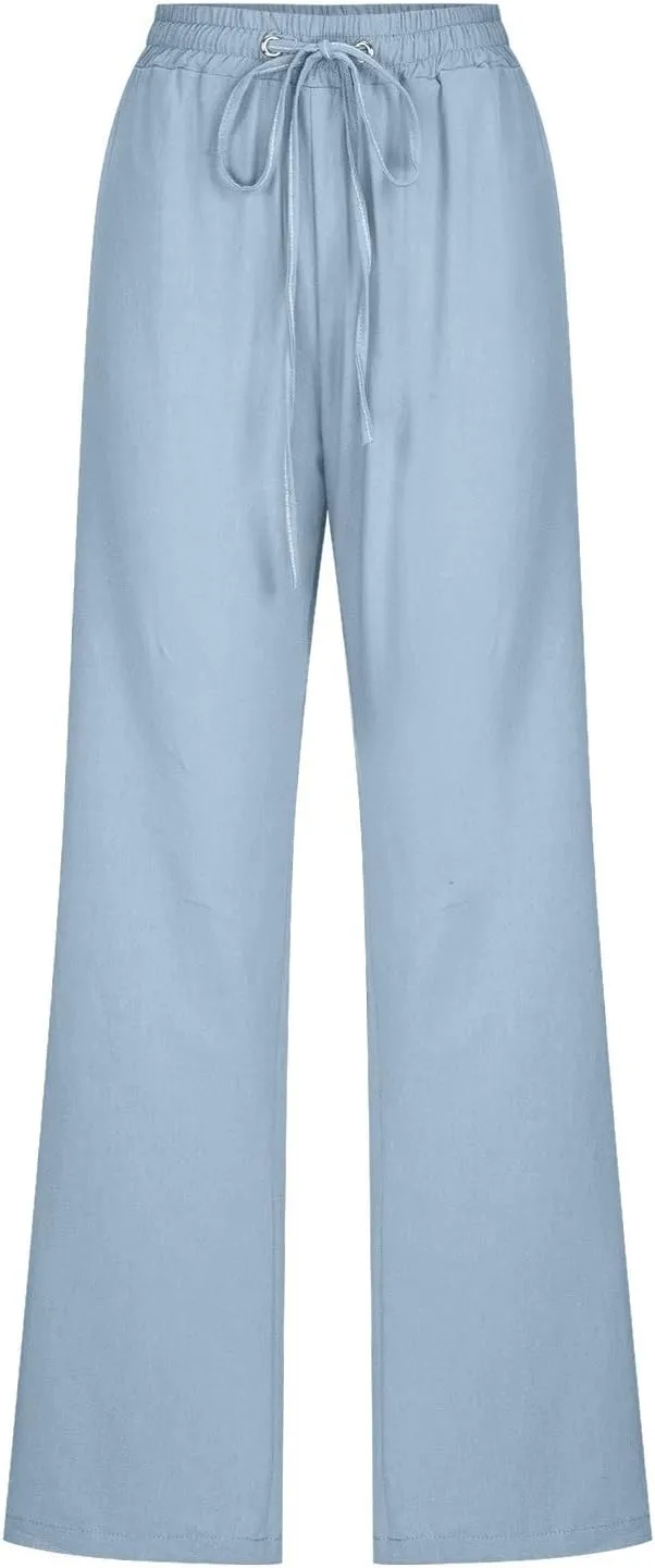 Lmdudan Cotton Linen Pants Women Summer Loose Straight Leg Pants Casual Drawstring Elastic Waist Beach Trousers with Pockets