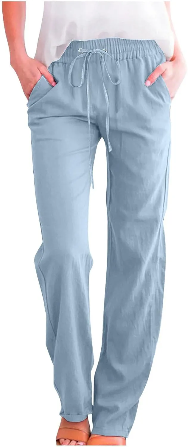 Lmdudan Cotton Linen Pants Women Summer Loose Straight Leg Pants Casual Drawstring Elastic Waist Beach Trousers with Pockets