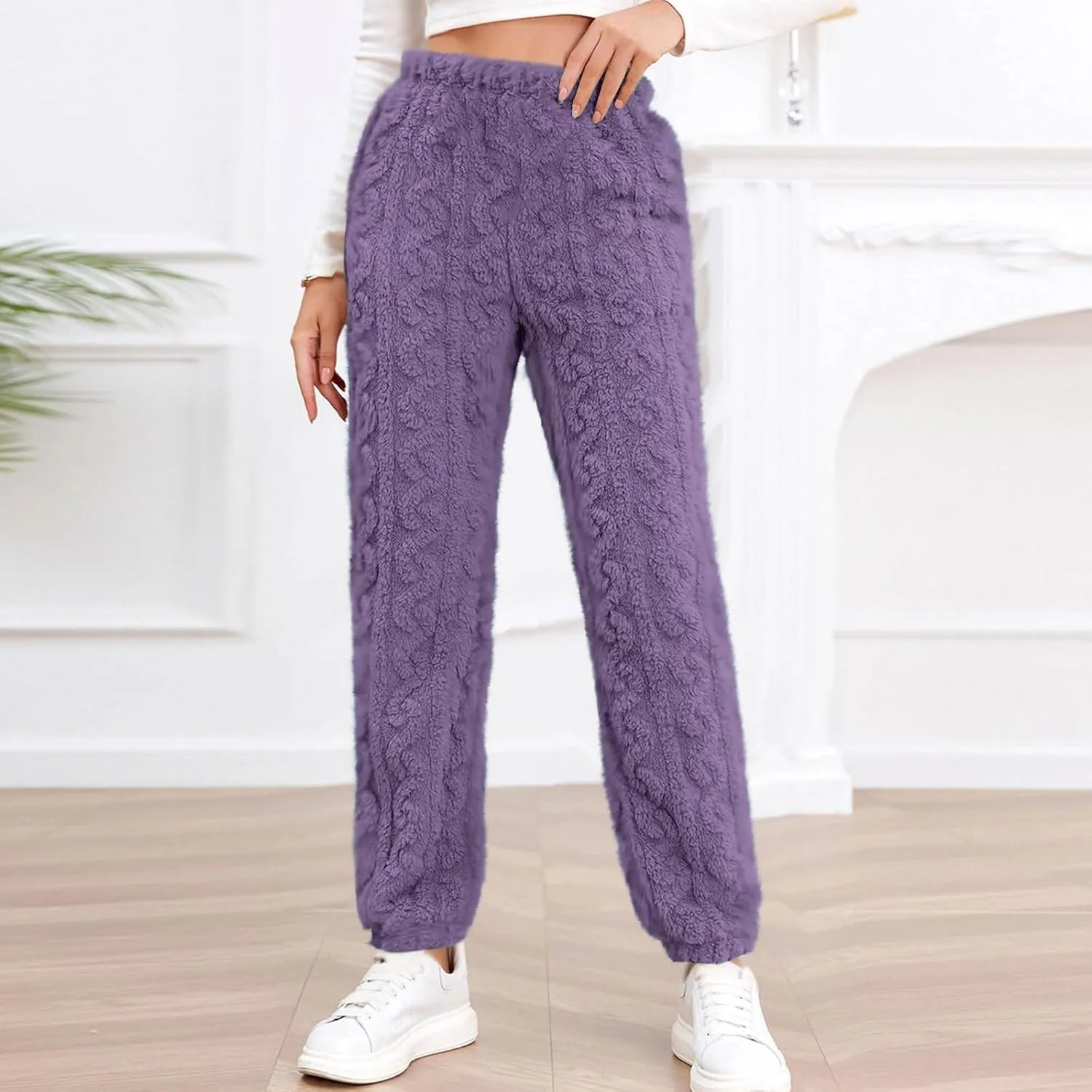 Lmdudan Fleece Pajamas Pants for Women Solid Color Elastic Waist Warm Winter Pants Soft Lounge Pants Fuzzy Comfy Pj Pants