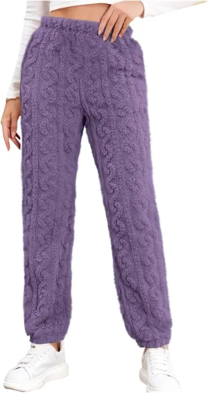 Lmdudan Fleece Pajamas Pants for Women Solid Color Elastic Waist Warm Winter Pants Soft Lounge Pants Fuzzy Comfy Pj Pants