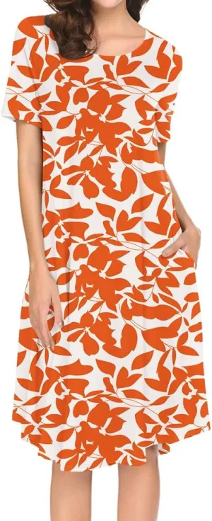 Locryz Women's Short Sleeve Pocket Swing Midi Dress Casual Loose T-Shirt Dress