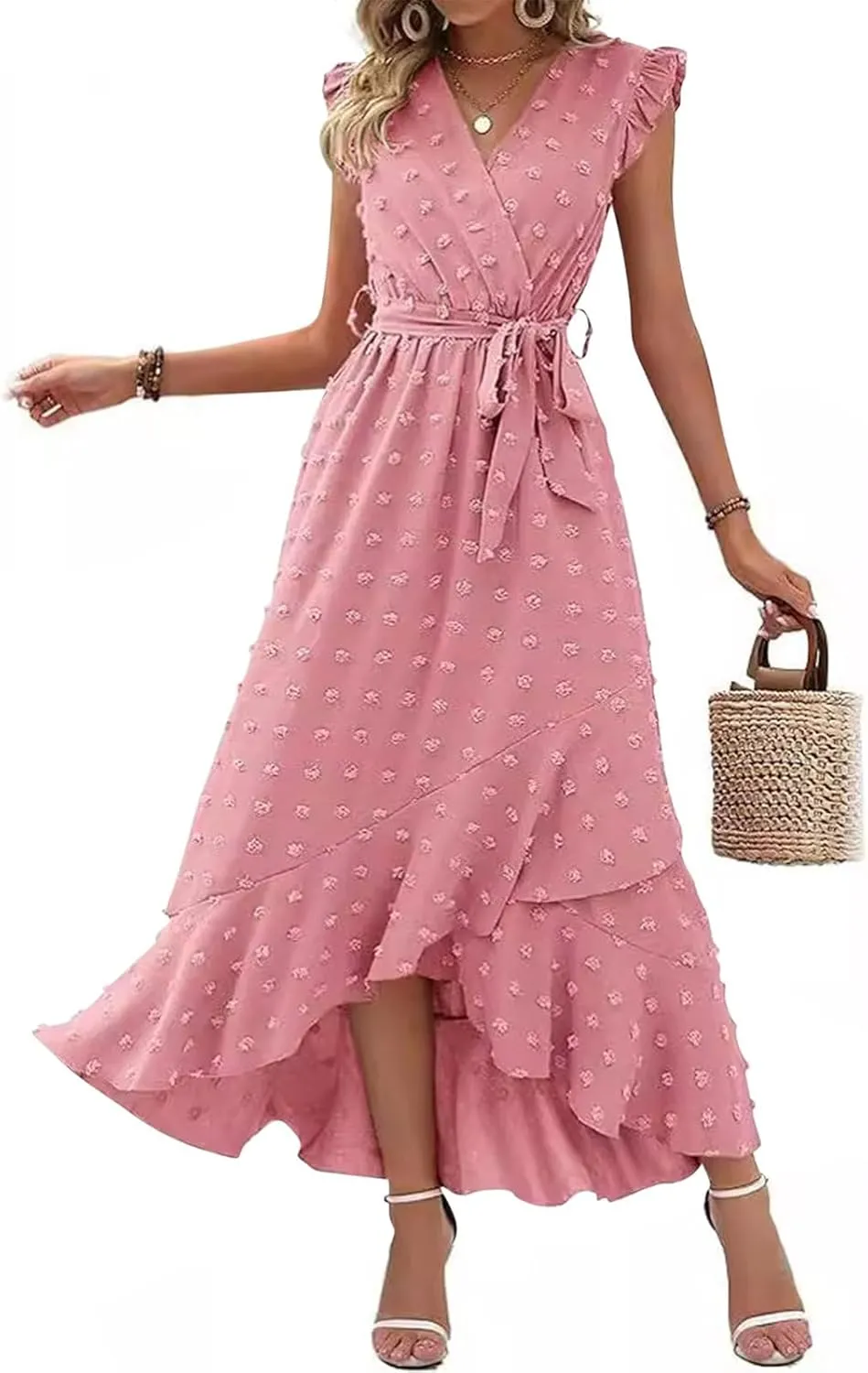 Long Dresses for Women Casual Loose Soft Flowy V Neck Sleeveless Wrap Dress Summer Asymmetrical Slit Maxi Sundress