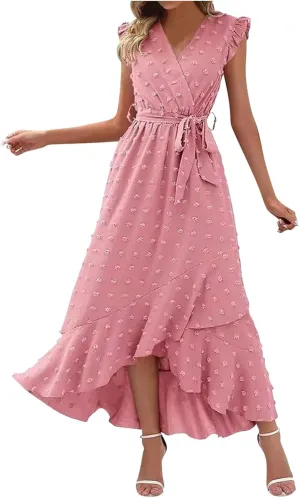 Long Dresses for Women Casual Loose Soft Flowy V Neck Sleeveless Wrap Dress Summer Asymmetrical Slit Maxi Sundress
