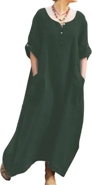 Long Dresses for Women Summer Cotton Linen T Shirt V-Neck Dress Casual Loose Midi Dress Flowy Beach Sundress Pockets