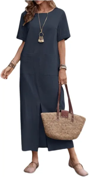Long Summer Dresses for Women Cotton Linen Dress Casual Tshirt Dress Short Sleeve Beach Vacation Sundress with Pockets