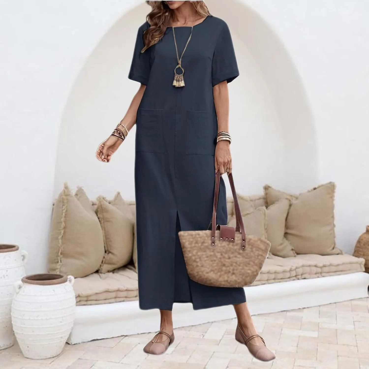 Long Summer Dresses for Women Cotton Linen Dress Casual Tshirt Dress Short Sleeve Beach Vacation Sundress with Pockets