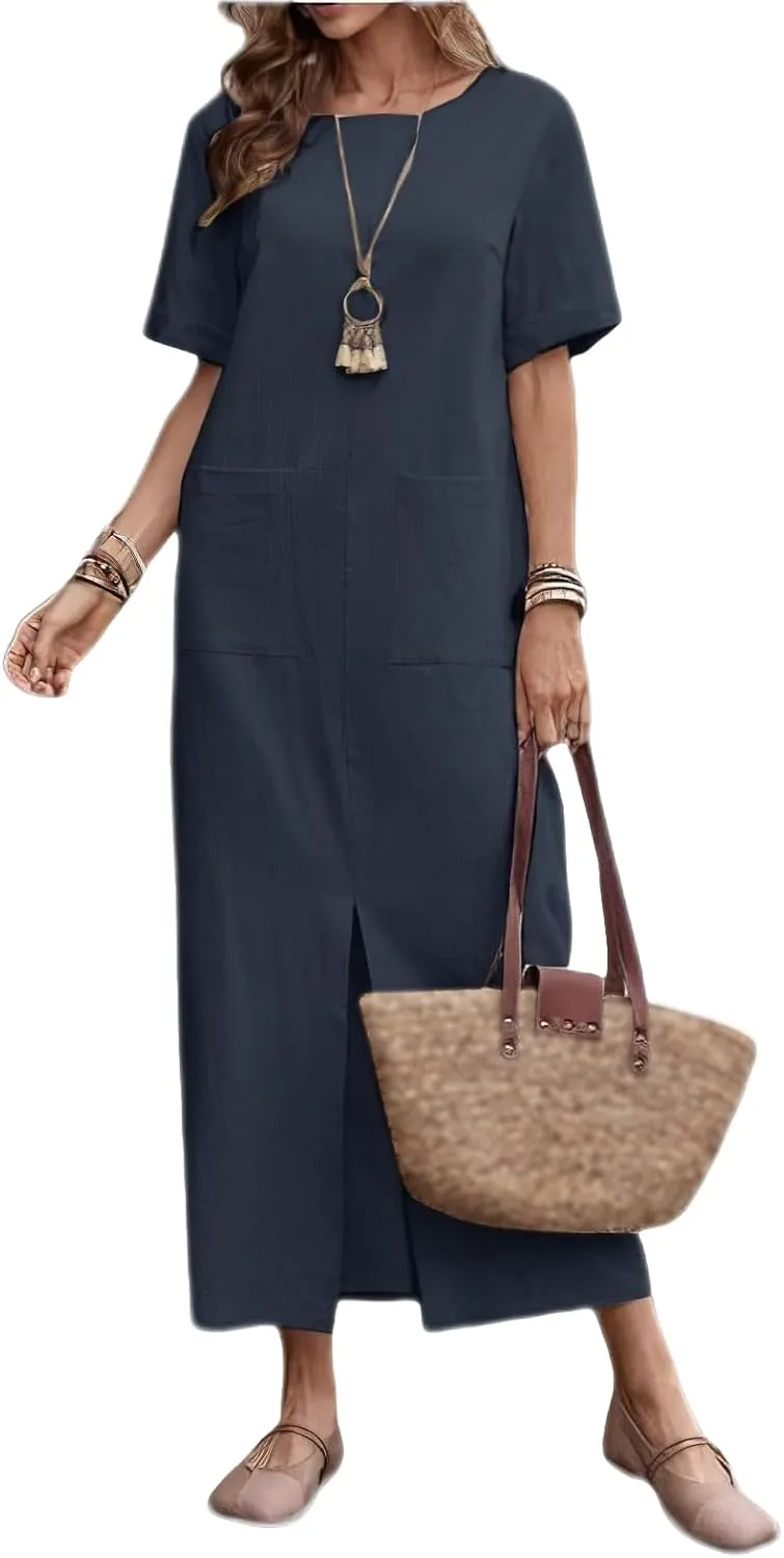 Long Summer Dresses for Women Cotton Linen Dress Casual Tshirt Dress Short Sleeve Beach Vacation Sundress with Pockets