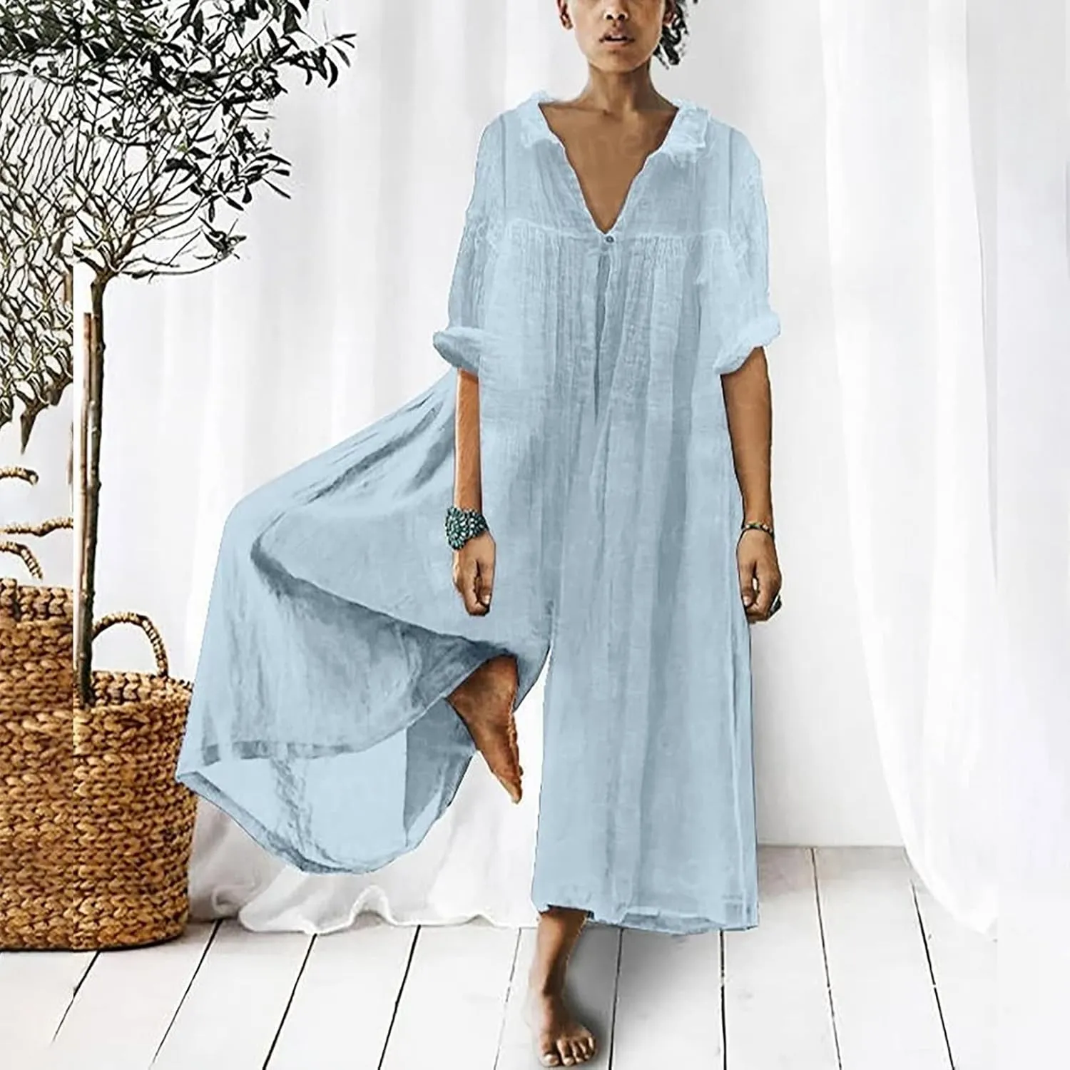 Loose Fit Pants for Women Fall Summer Linen Straight Leg Plain Long Leg Overalls Pants Rompers Women 2024 Fashion