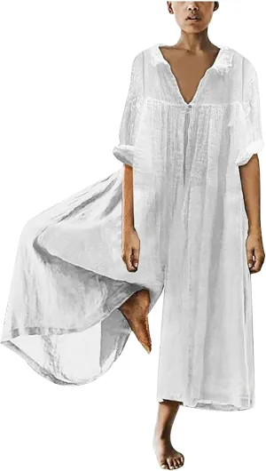 Loose Fit Pants for Women Fall Summer Linen Straight Leg Plain Long Leg Overalls Pants Rompers Women 2024 Fashion
