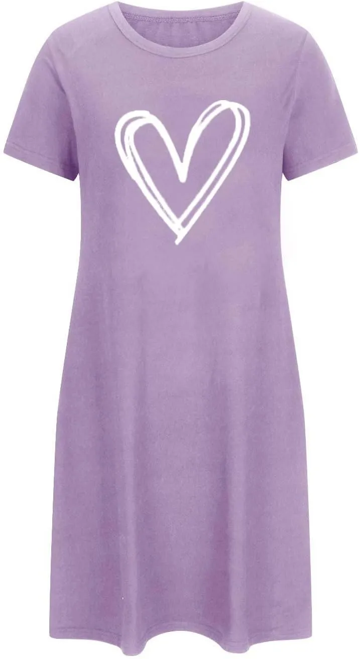 Loose Soft Nightgowns for Women Heart Print Crewneck Nightshirt Short Sleeve Sleepwear Short Summer Tshirt Dress