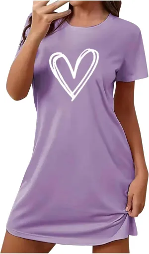 Loose Soft Nightgowns for Women Heart Print Crewneck Nightshirt Short Sleeve Sleepwear Short Summer Tshirt Dress