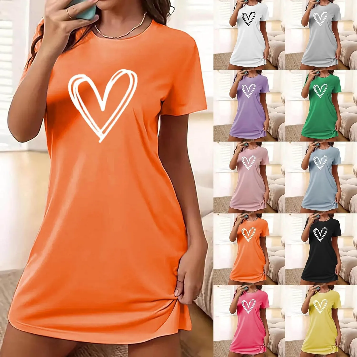 Loose Soft Nightgowns for Women Heart Print Crewneck Nightshirt Short Sleeve Sleepwear Short Summer Tshirt Dress
