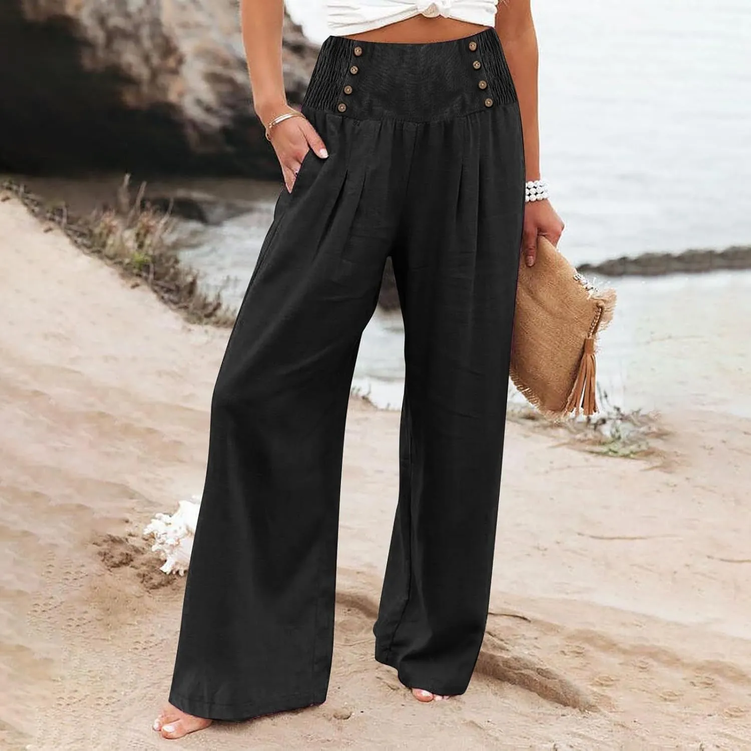 Lounge Pants Plus Size Women Summer Boho Wide Leg High Waist Linen Palazzo Pants 2025 Beach Travel Vacation Trouser