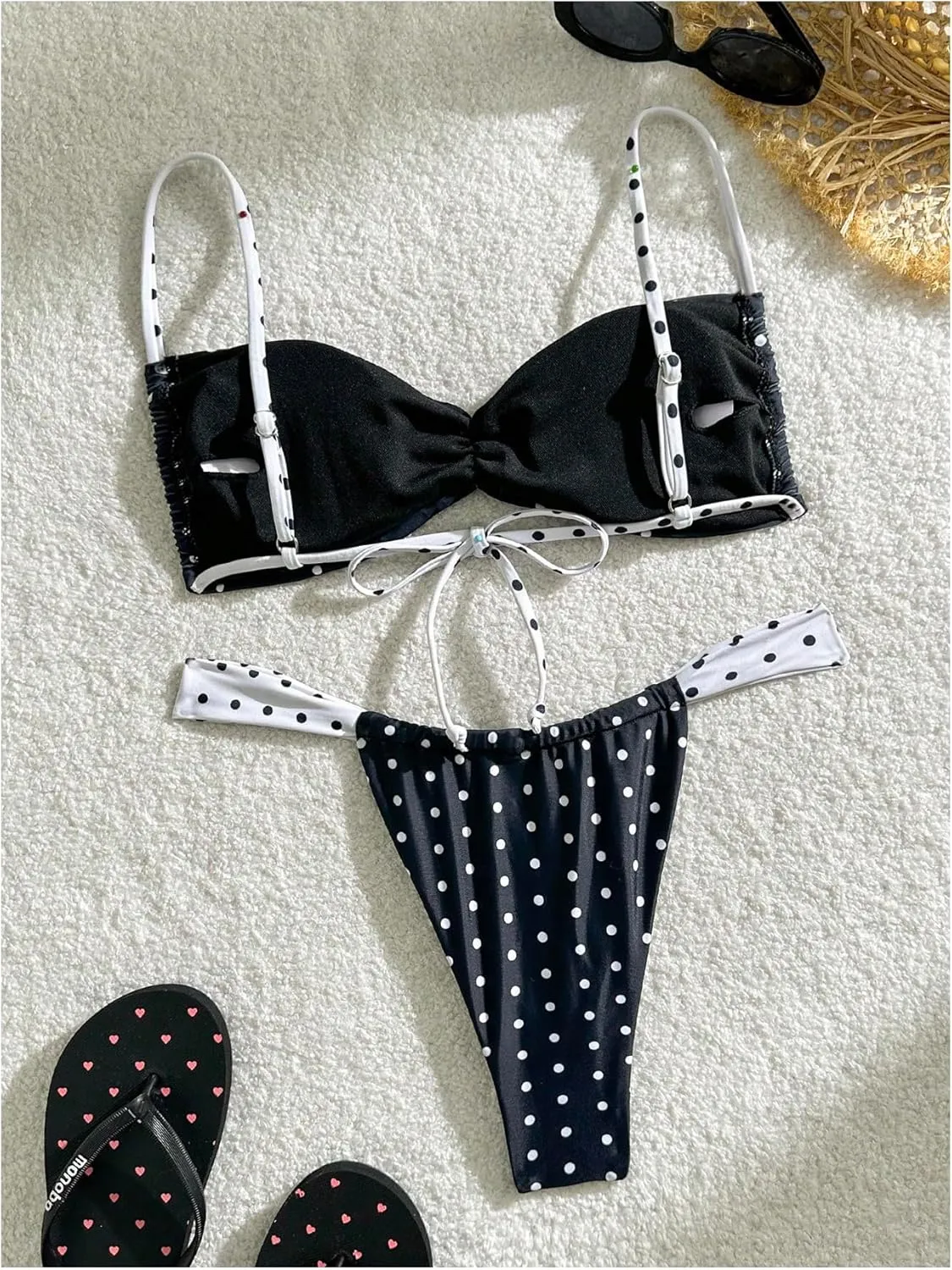 MakeMeChic Women's Polka Dots Bikini Set Tie Back Thong Summer Bathing Suit Swimsuit