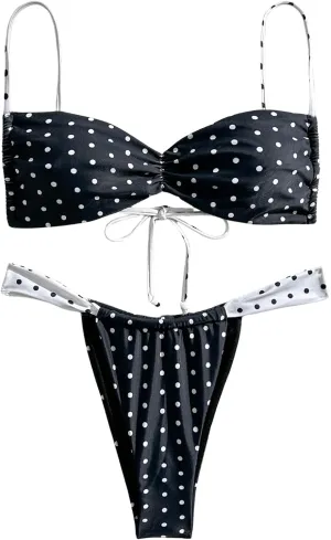 MakeMeChic Women's Polka Dots Bikini Set Tie Back Thong Summer Bathing Suit Swimsuit