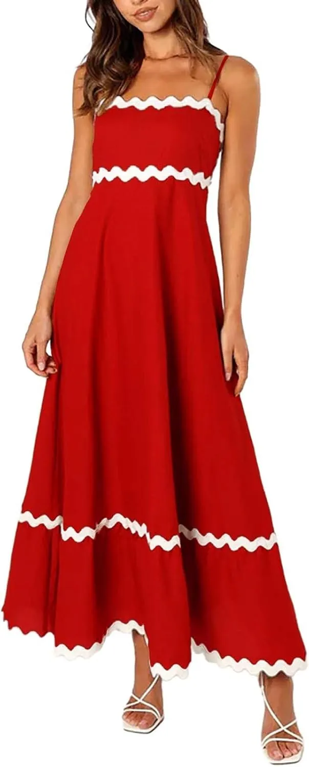 Maxi Dress for Women Plus Size Sleeveless Prom Dress Summer Boho Dresses Wedding Guest Dress Smocked Rickrack Trim