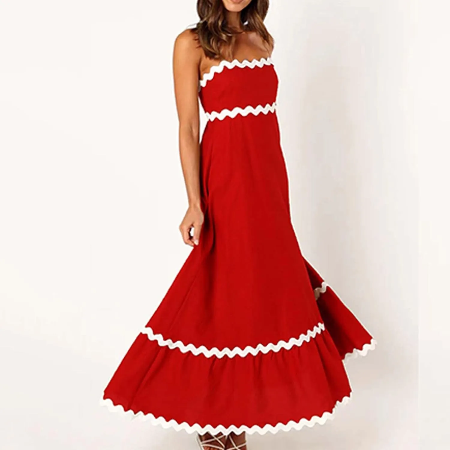 Maxi Dress for Women Plus Size Sleeveless Prom Dress Summer Boho Dresses Wedding Guest Dress Smocked Rickrack Trim
