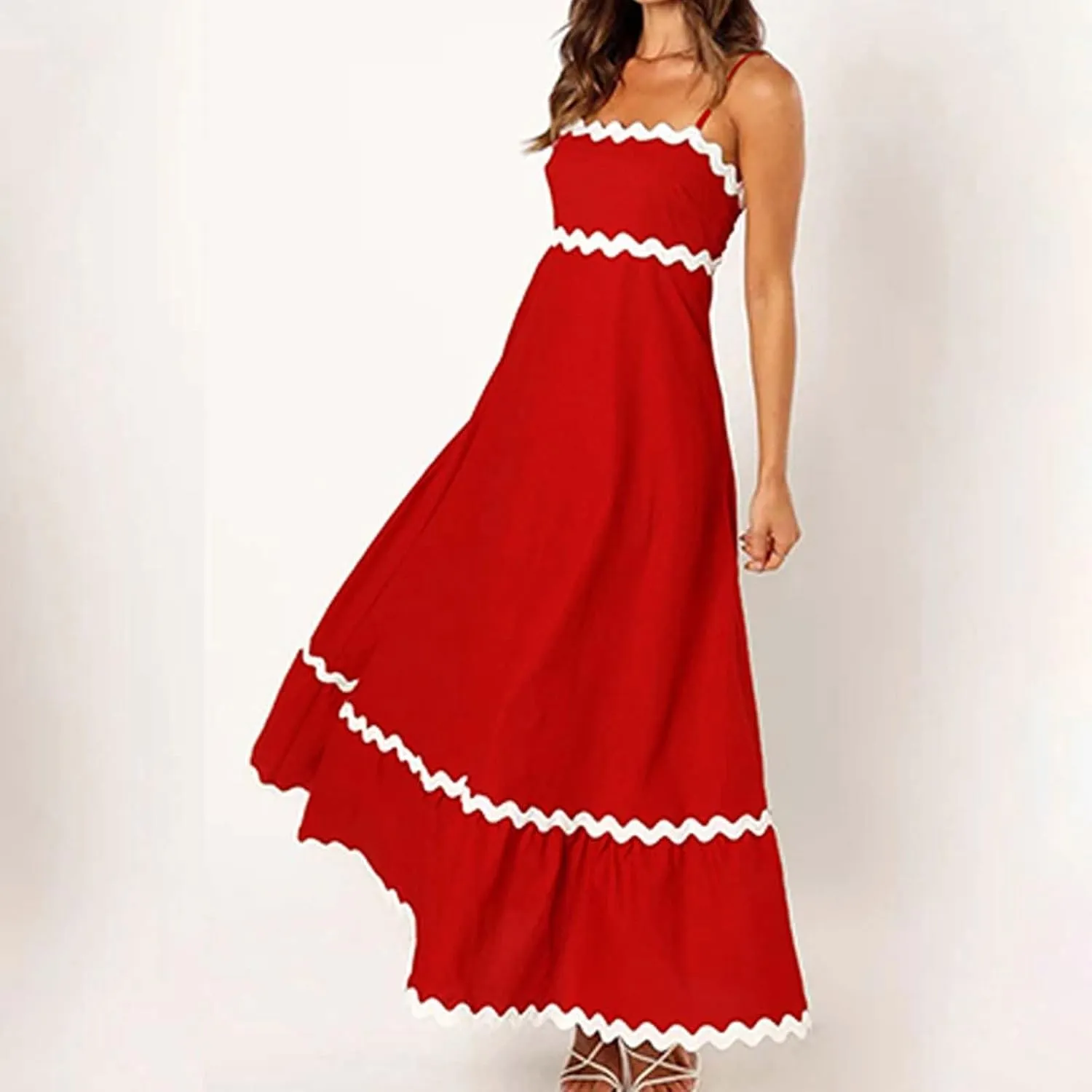 Maxi Dress for Women Plus Size Sleeveless Prom Dress Summer Boho Dresses Wedding Guest Dress Smocked Rickrack Trim