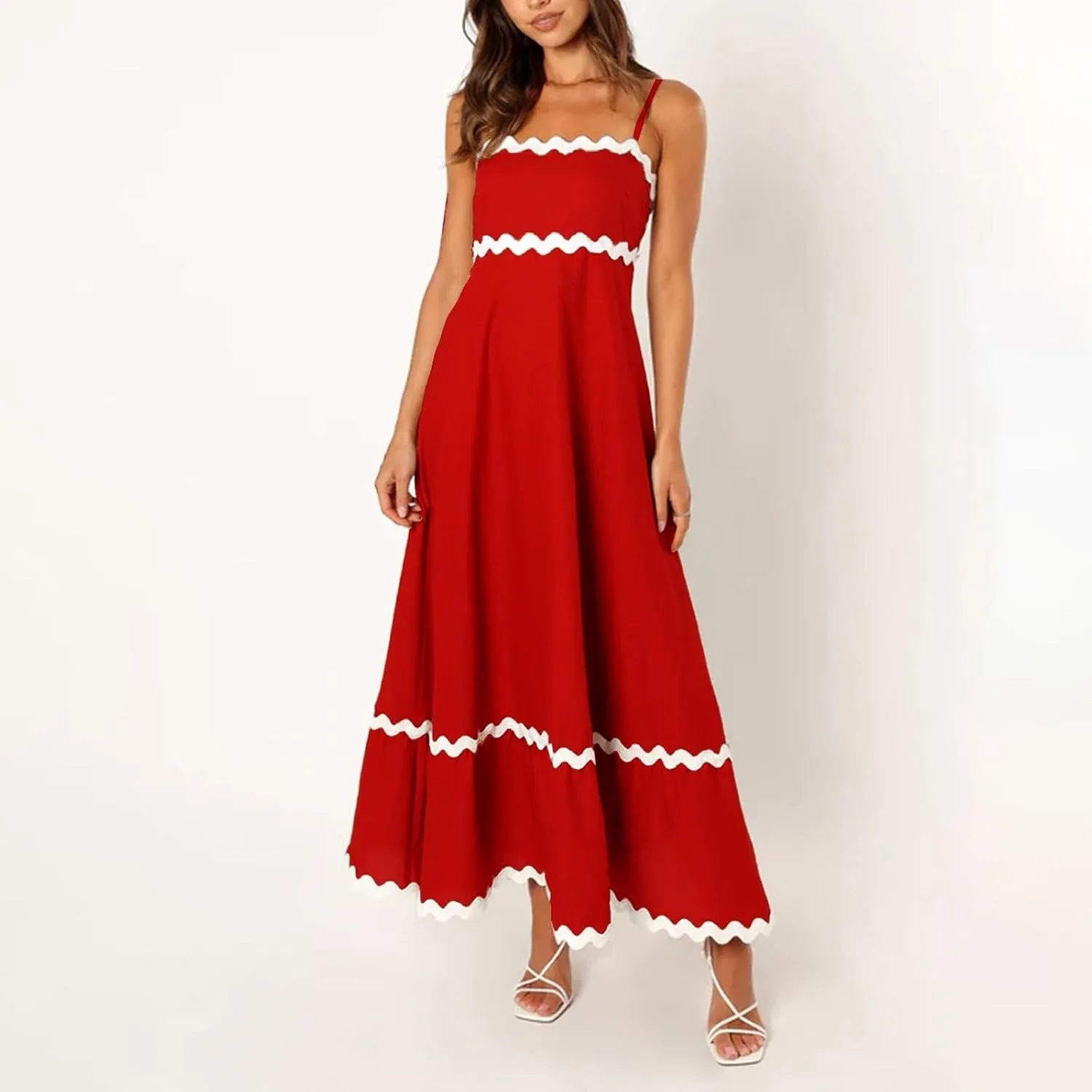 Maxi Dress for Women Plus Size Sleeveless Prom Dress Summer Boho Dresses Wedding Guest Dress Smocked Rickrack Trim