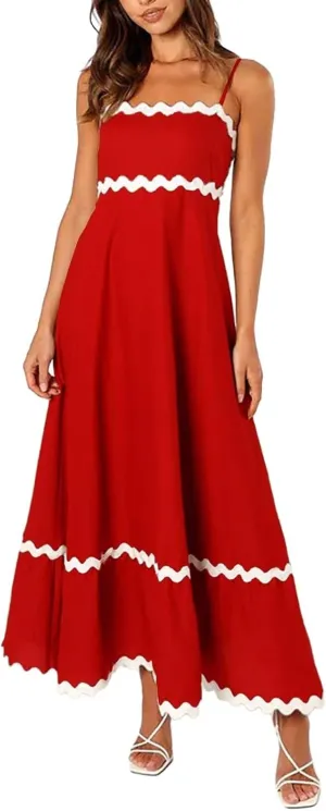 Maxi Dress for Women Plus Size Sleeveless Prom Dress Summer Boho Dresses Wedding Guest Dress Smocked Rickrack Trim