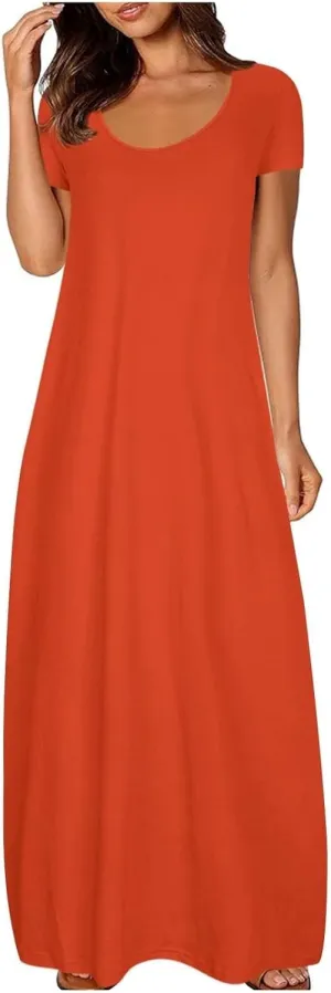 Maxi Dresses for Women Deep V-Neck Solid Color Long Dress with Pockets Summer Casual Short Sleeve