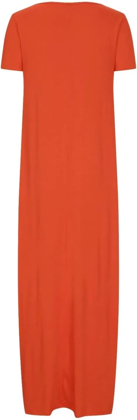 Maxi Dresses for Women Deep V-Neck Solid Color Long Dress with Pockets Summer Casual Short Sleeve